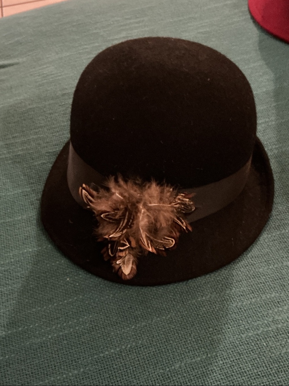 Women's Black Felt Cloche Hat with Feather Accent